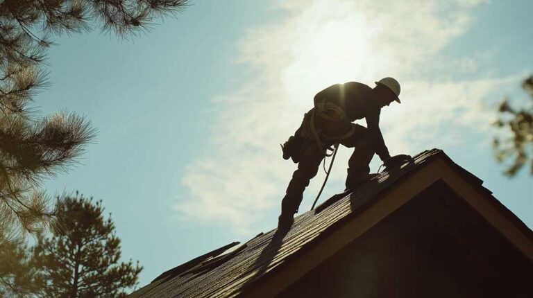A technician clearing leaves from a residential roof gutter using gloves and a hand tool.