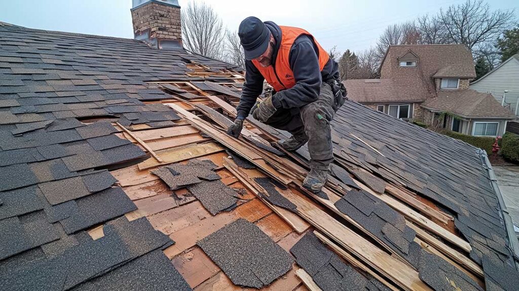 A residential roof with visible sun fading and shingles showing early signs of wear in bright daylight.