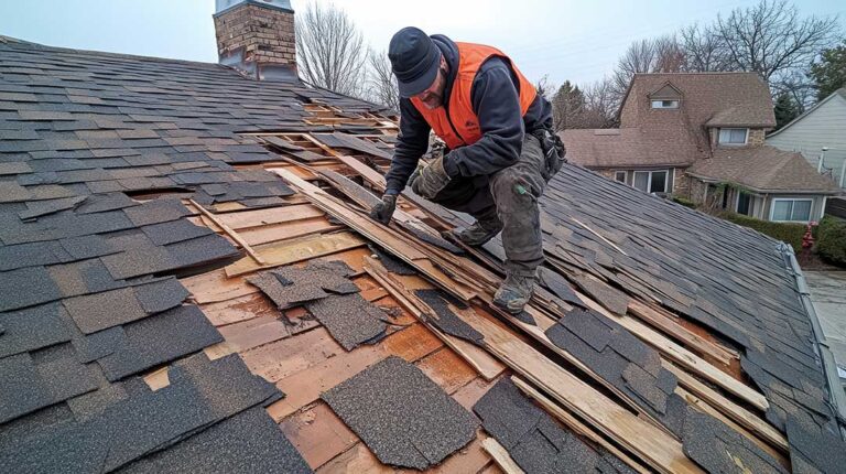 A residential roof with visible sun fading and shingles showing early signs of wear in bright daylight.