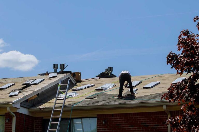 Close view of dented asphalt shingles with loose granules beside a residential roof gutter.