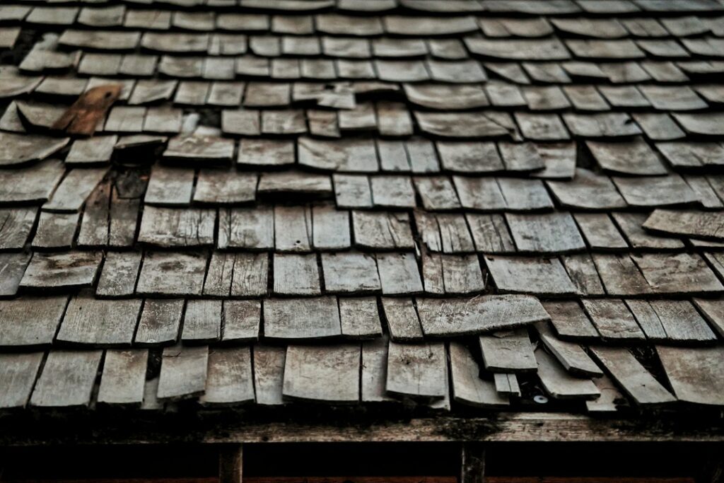 A roofing worker lifts shingles to inspect the wooden roof deck beneath an aging residential roof.