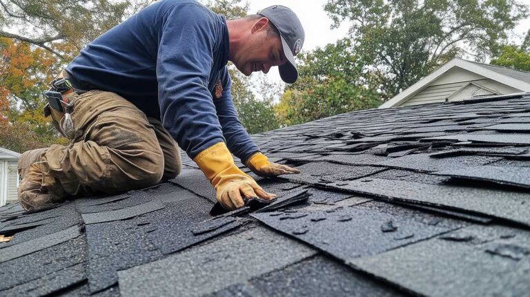 Close view of metal flashing around a chimney on a shingle roof after rainfall.